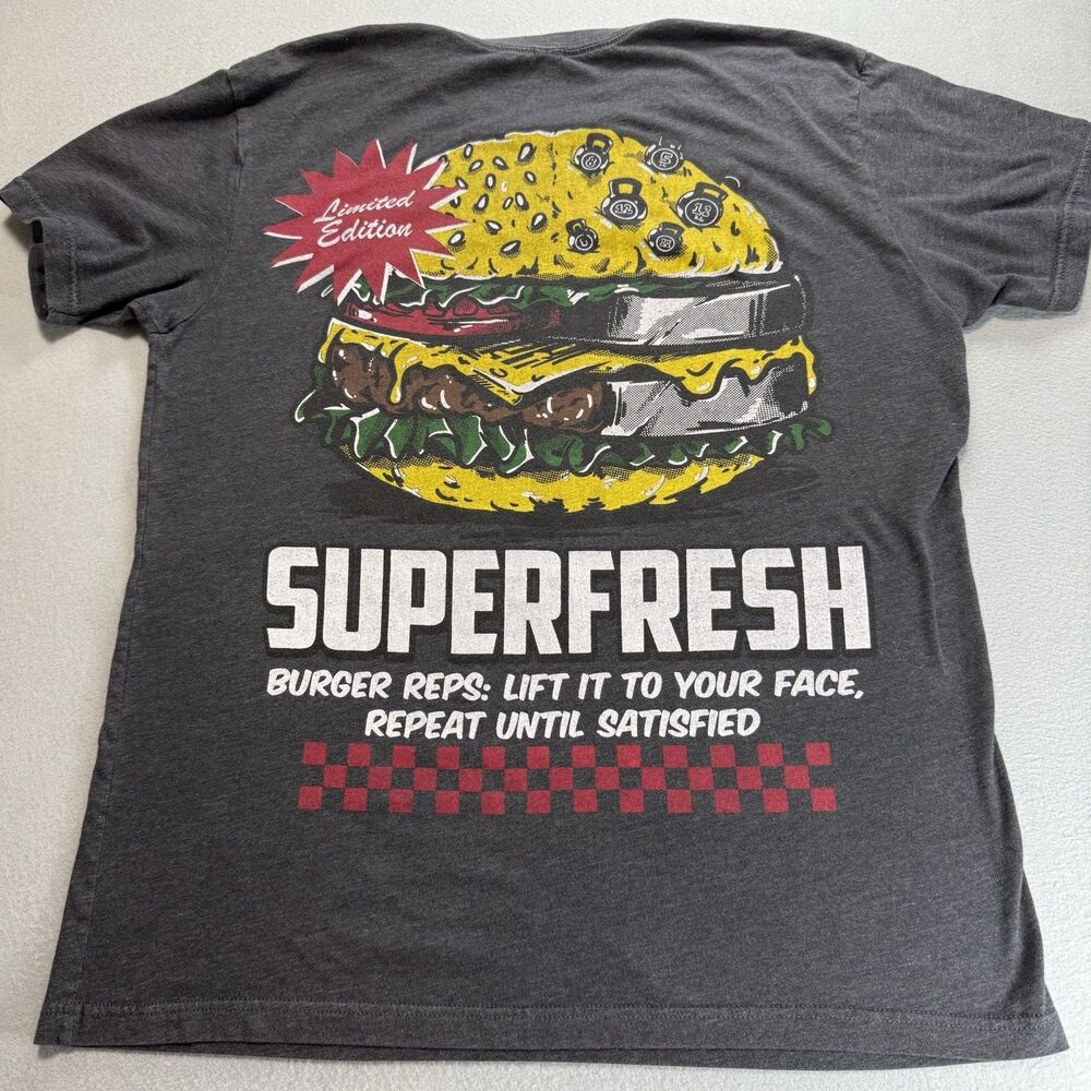 Superfresh Limited Edition Mens L Gray Burger Graphic T-Shirt Fitness Tee